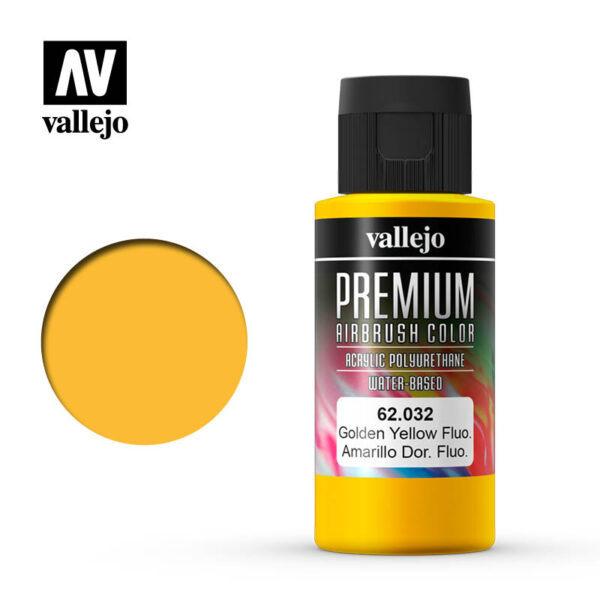 Vallejo Premium Airbrush Color (Fluorescent Golden Yellow) 60ml - Χρώμα Αερογράφου Vallejo Premium (Φθορίζων Χρυσό-Κίτρινο) 60ml